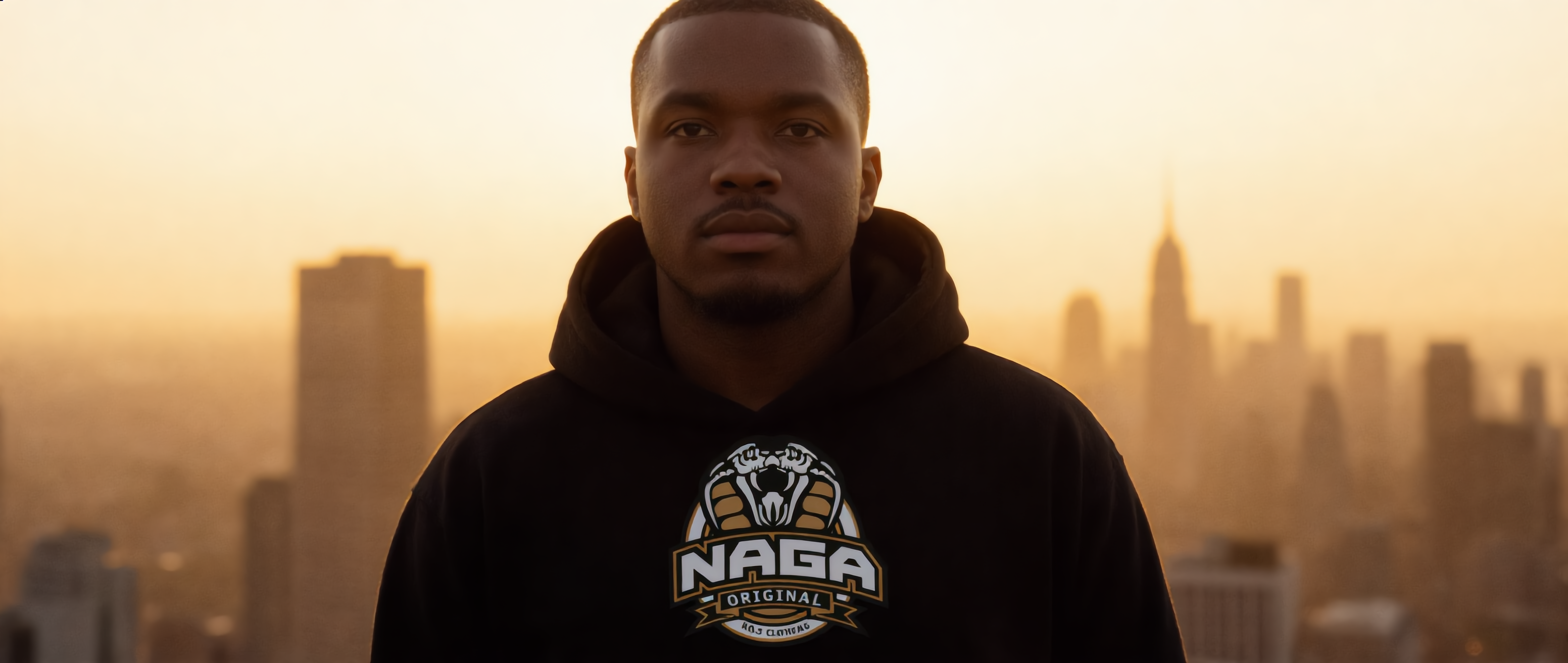 Silhouette in Naga hoodie on a rooftop overlooking the city at sunset